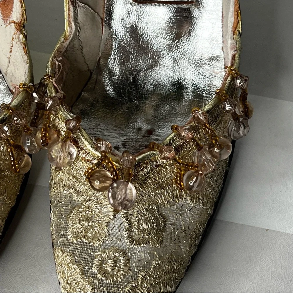 Vintage Stuart Weitzman For Martinique Leather Gold Pumps Bejeweled Size 7
